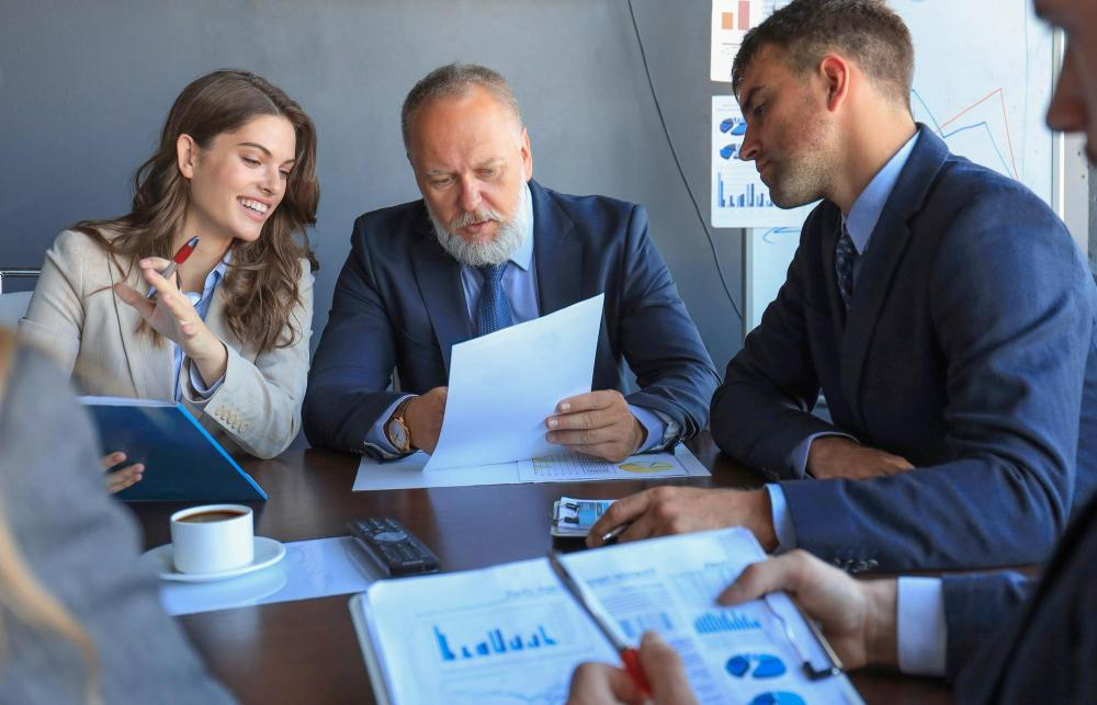 Financial research team collaborating