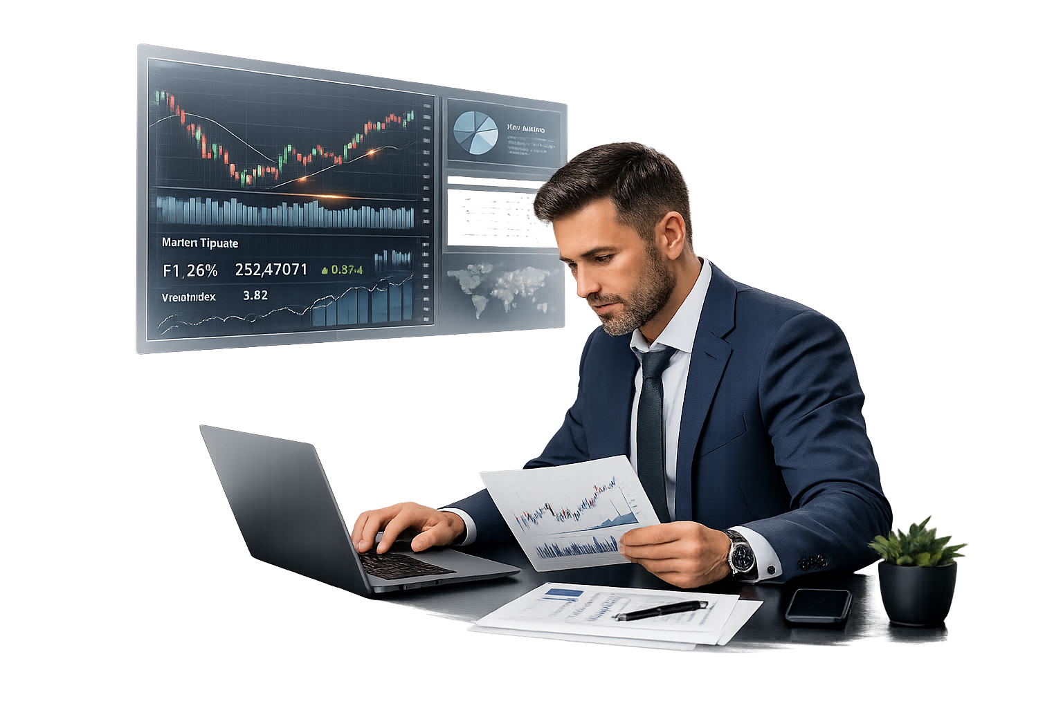 Financial analyst reviewing market reports